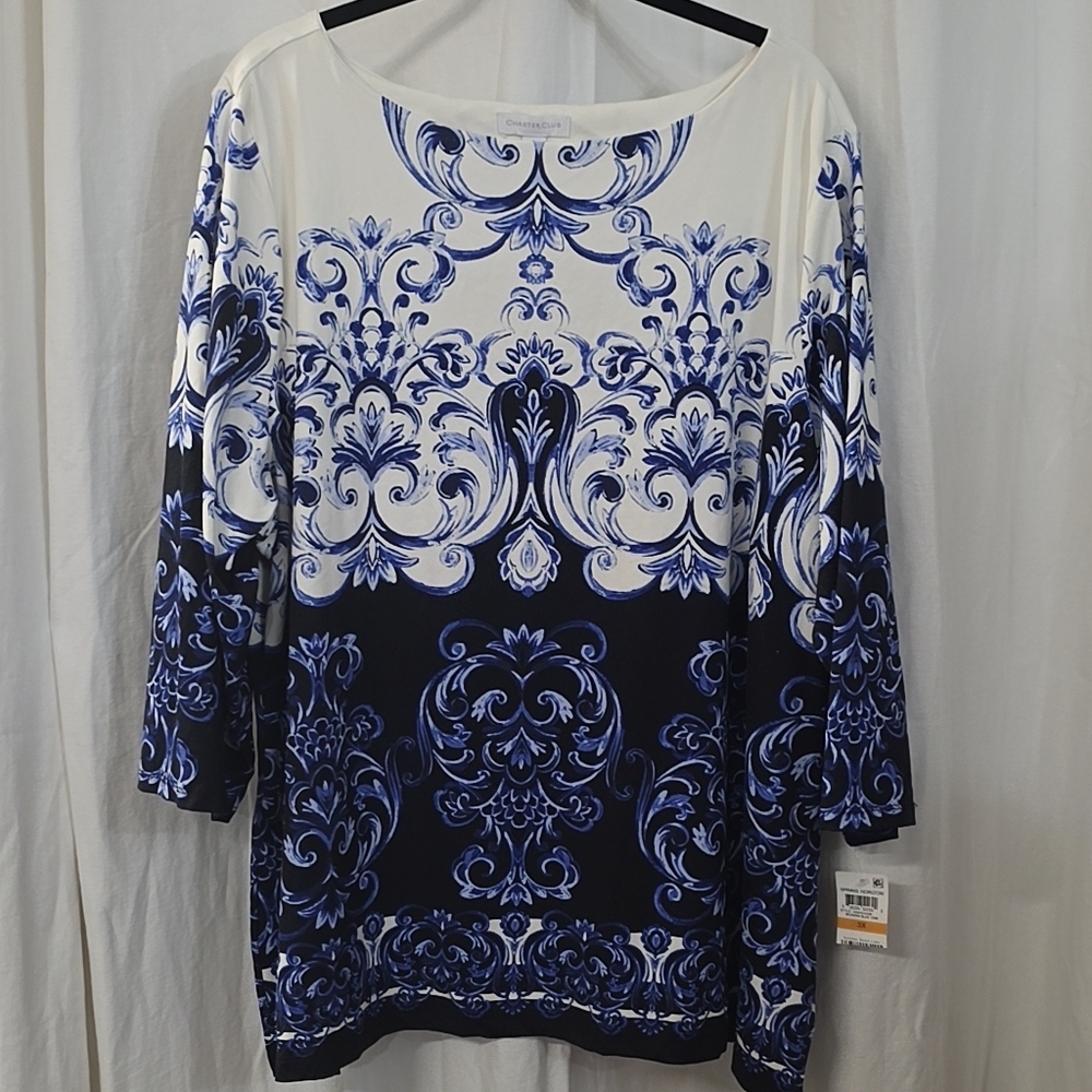 Charter Club 3X Ponte Knit Boat Neck Blue White Baroque 3/4 Sleeve Blouse Top